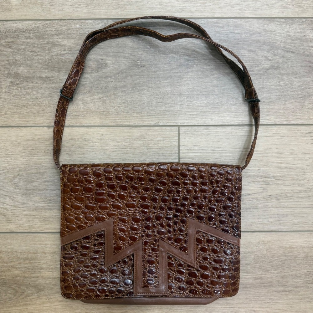 Carlo Zini Vintage Brown Croc Embossed Leather Art Deco Convertible Clutch Bag